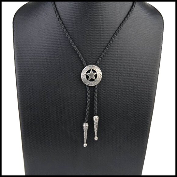 Vintage Turquoise Star Bolo Tie Leather Choker Necklace Unisex Western Style - Picture 2 of 7